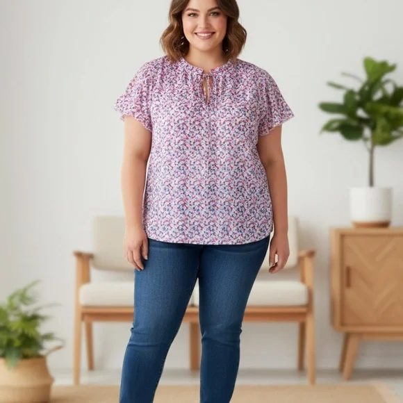 C by One Blouse Flutter Sleeve Summer Top Boho Semitransparent Lined Plus 2X - Picture 16 of 16